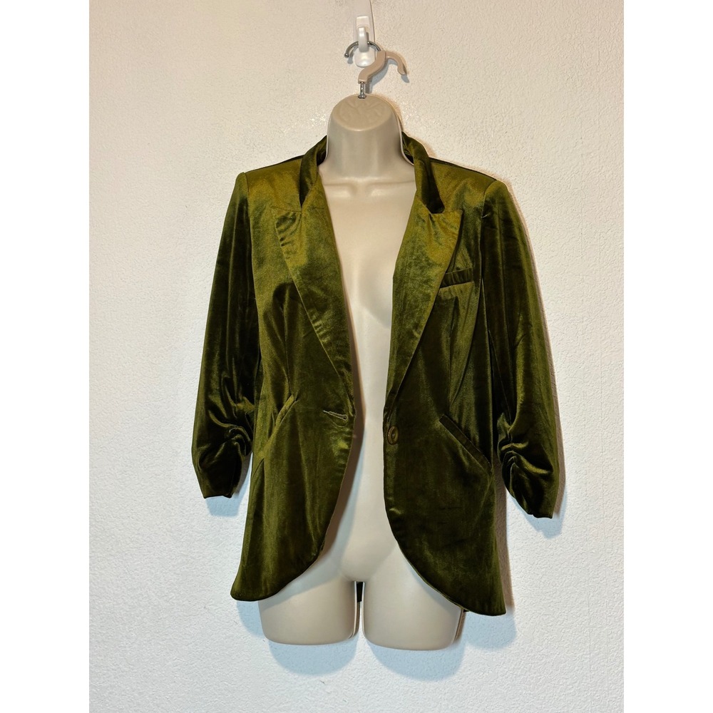 Esley Womens Olive Green Velvet Ruched 3/4 Sleeve Single Button Blazer Size M